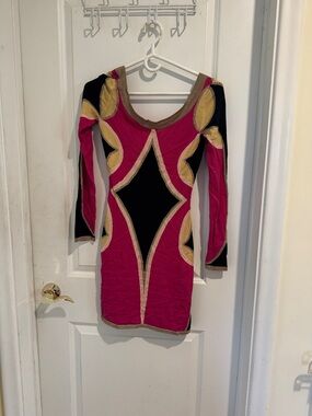 Temperley London Fuchsia, Black & Gold Mini Dress